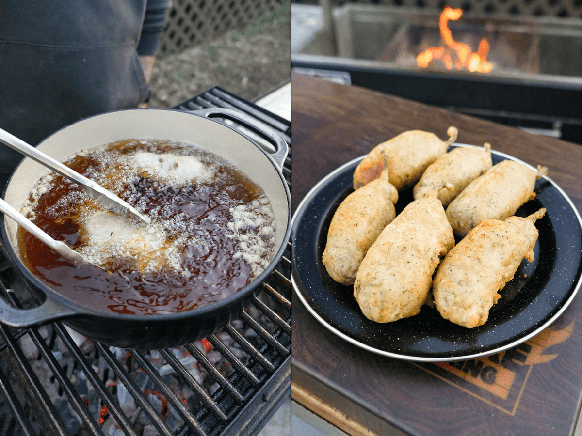 A view of the oil frying the Beer Battered Texas Twinkies and the golden brown poppers on a plate.