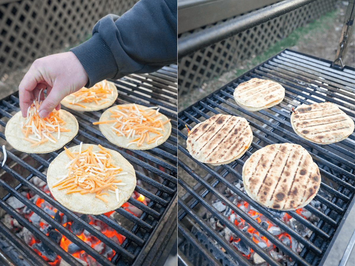 Derek Wolf spreading shredded jack cheese on corn tortillas on the grill, then drizzling chipotle sauce over the melted cheese