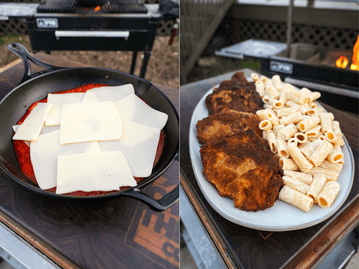 The Steak Parmesan is cooked and served with pasta noodles on the side.
