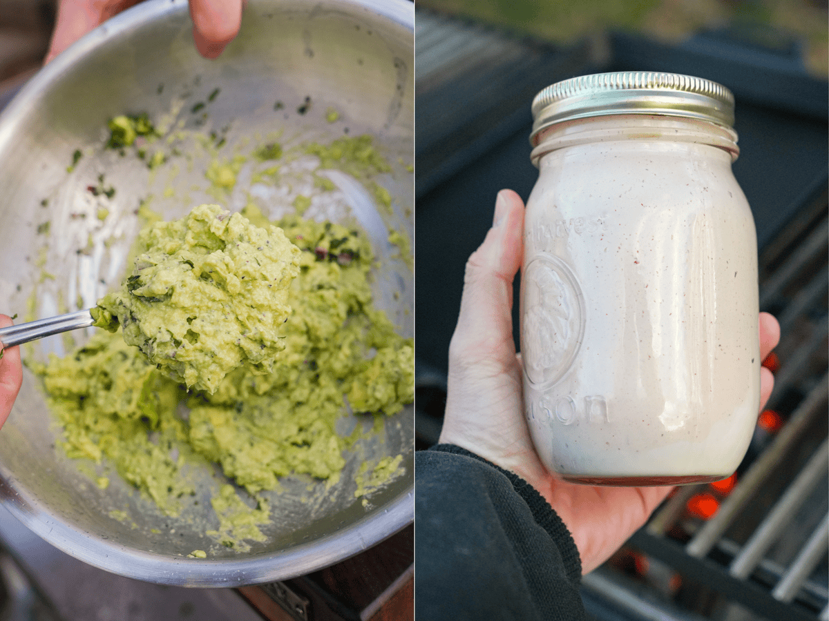 Mixing together ripe avocados for guacamole and storing blended chipotle sauce in a mason jar