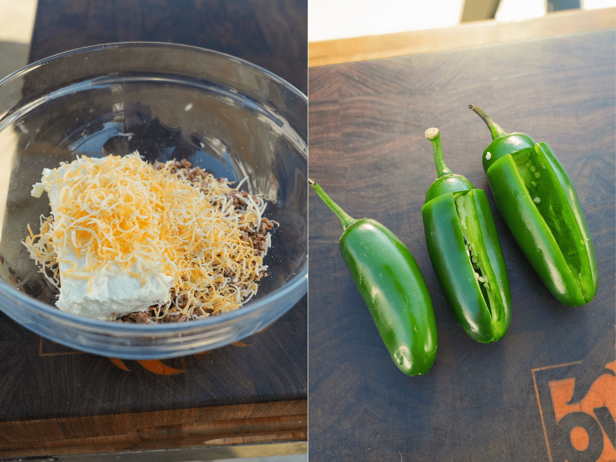 The side by side images show the stuffing mixture on the left and the fresh jalapenos on the right, Beer Battered Texas Twinkies sliced and ready for stuffing.
