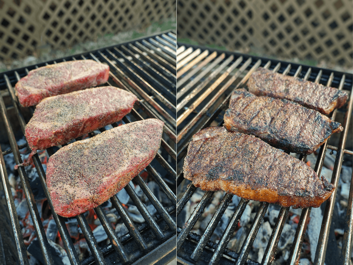 The meat is seasoned with salt, pepper, garlic are grilled over the flame and get a nice crust.