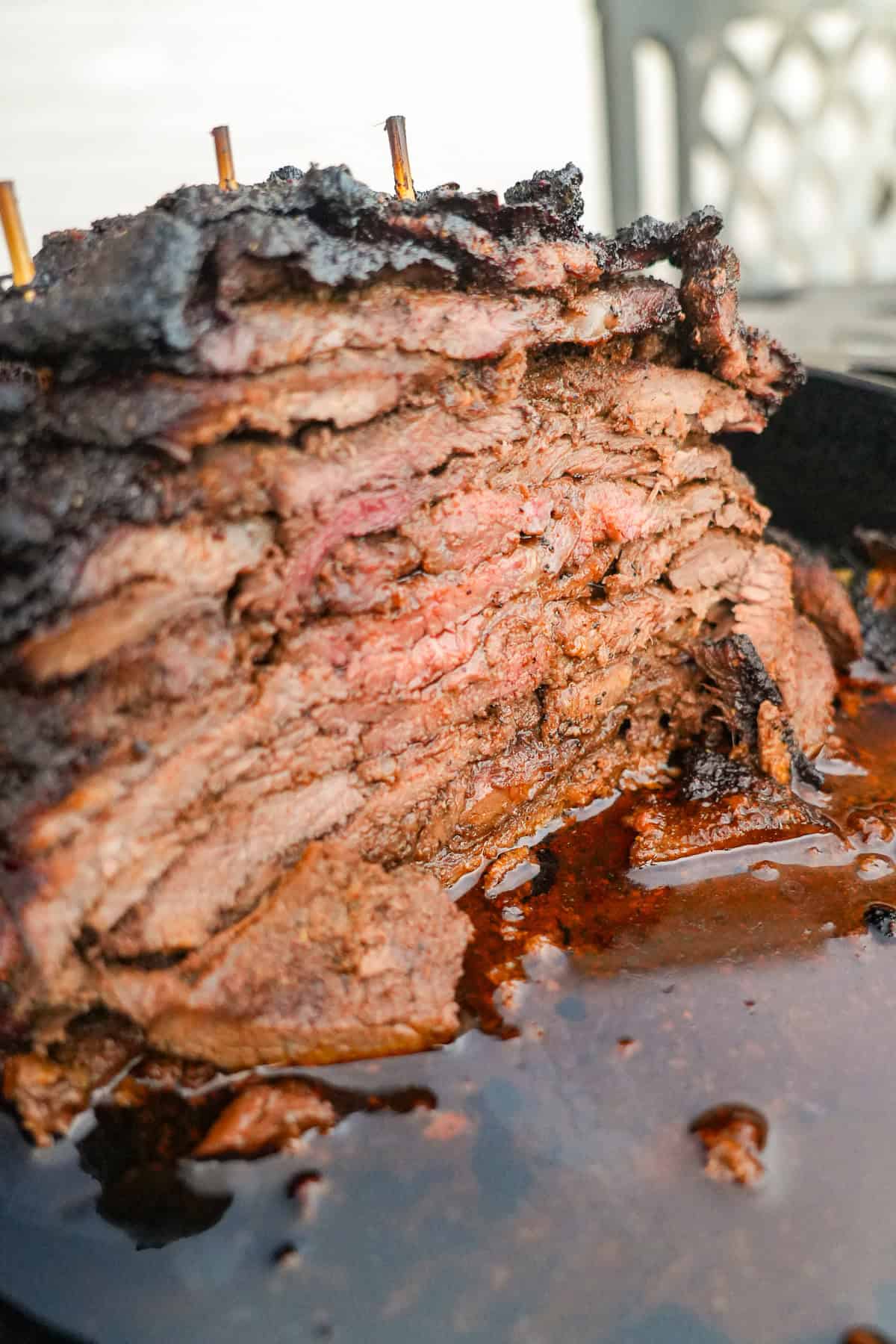 Cooked beef shawarma sliced open to reveal texture and juiciness