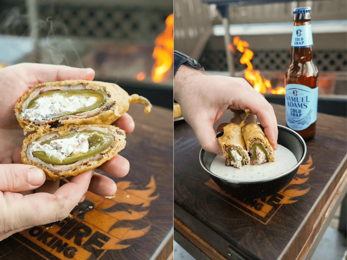 The Deep Fried Texas Twinkies are sliced in half and Derek dips them in the Ranch sauce.