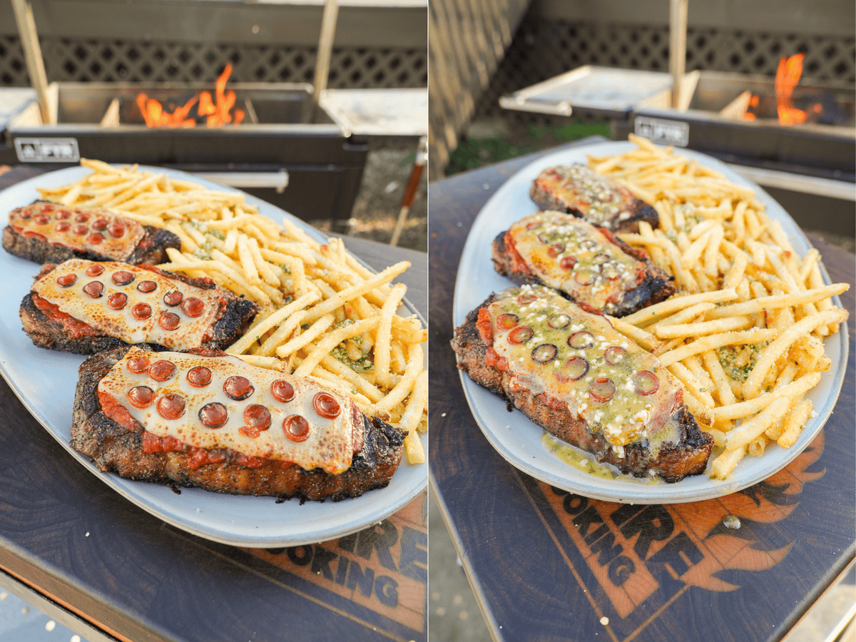 The plated steaks are covered in the garlic butter sauce.