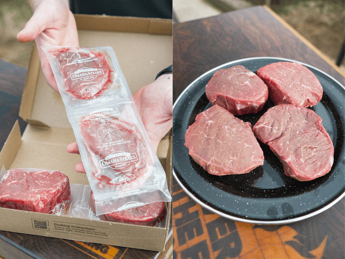 Unpacking sirloins from an Omaha Steaks package and placing four of them on a plate