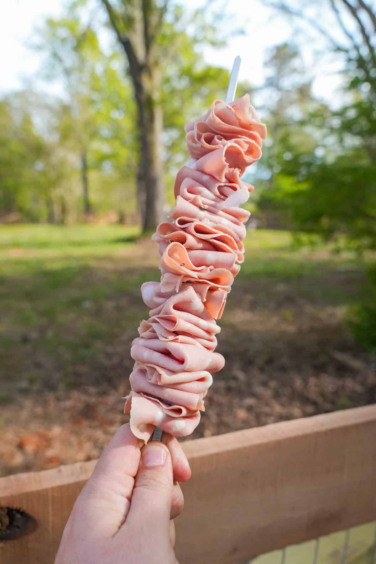 Derek Wolf holding a skewer with folded mortadella slices stacked on it