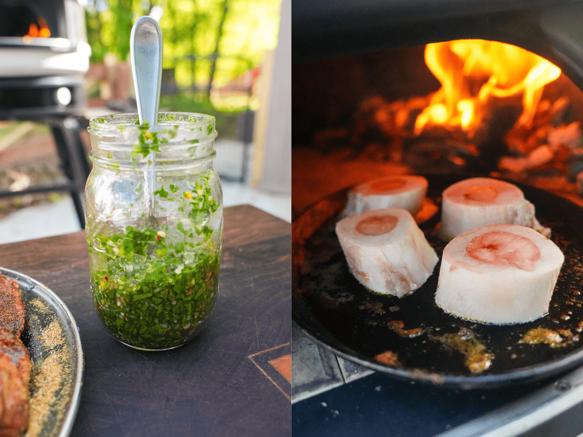 A spoon sticking out of a mason jar filled with mint chimichurri and bone marrow rounds cooking on a cast iron skillet