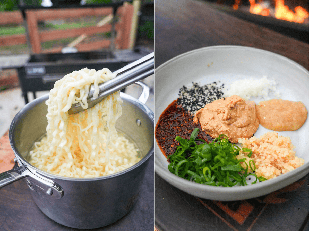 The cooked ramen noodles are shown on the left, the ingredients to the peanut butter sauce are laid on in a bowl on the right.
