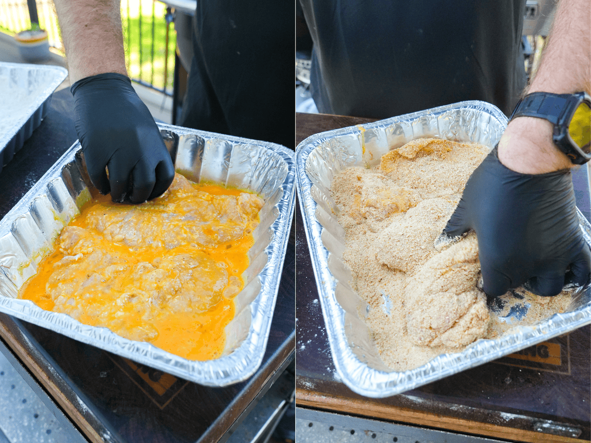 The chicken cutlets are dredged in flour, egg, and breadcrumbs plus cheese before frying.