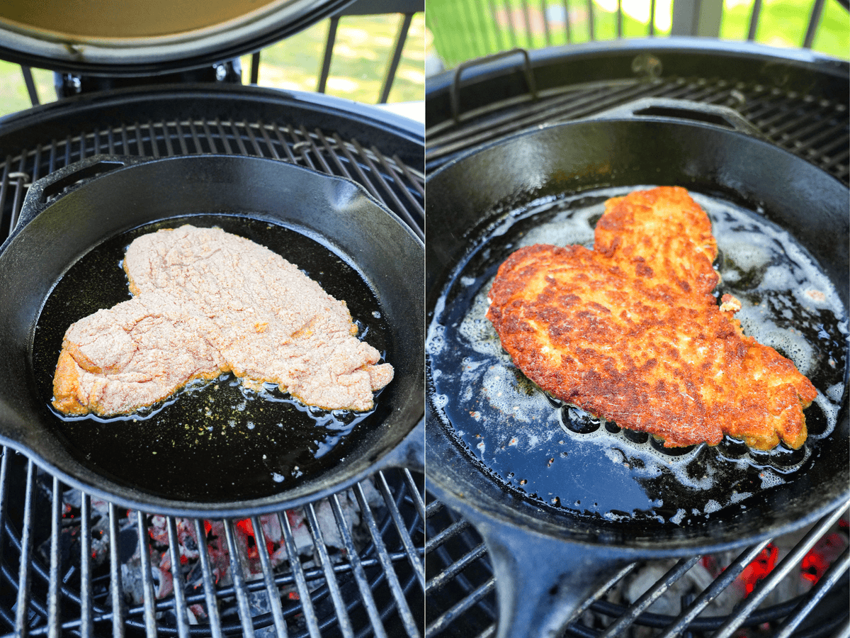The flattened chicken before and after frying over the flame inside a cast iron pan.