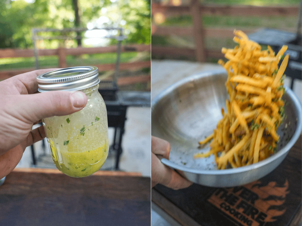Making the garlic butter in a Mason jar to toss with the perfectly crispy french fries.