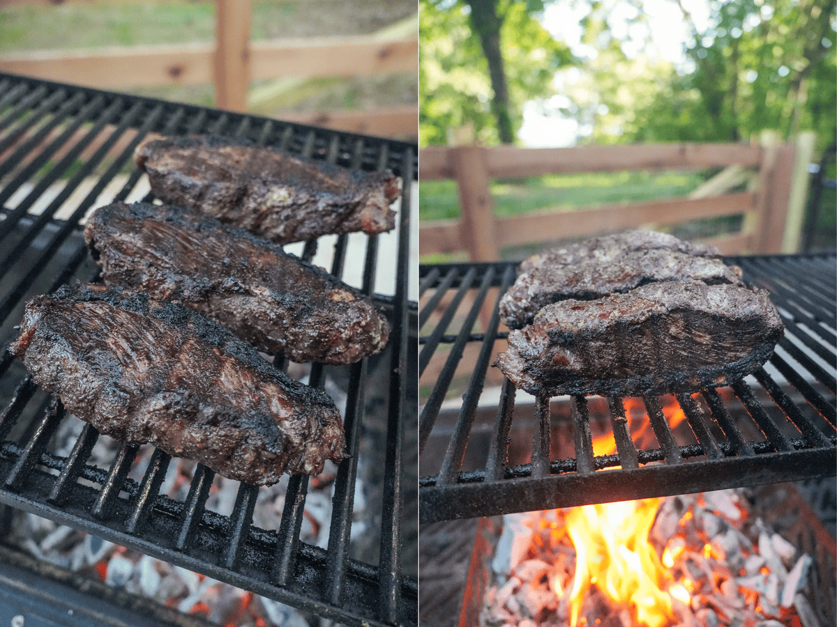 The steaks get a good char on the grill.