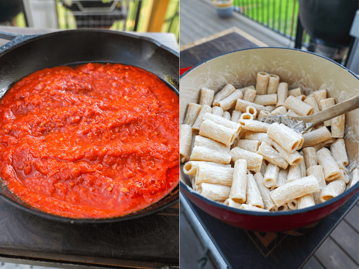 The pasta sauce is pictured on the left, the noodles on the right for serving as a side dish.