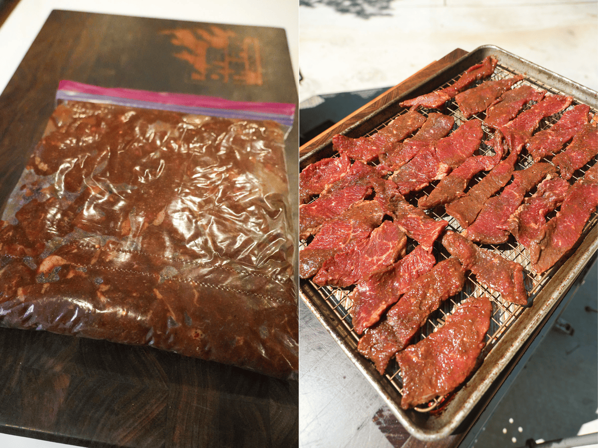 Brisket marinating in soy sauce, brown sugar and sriracha in a food safe bag, then sliced and laid out on a baking sheet