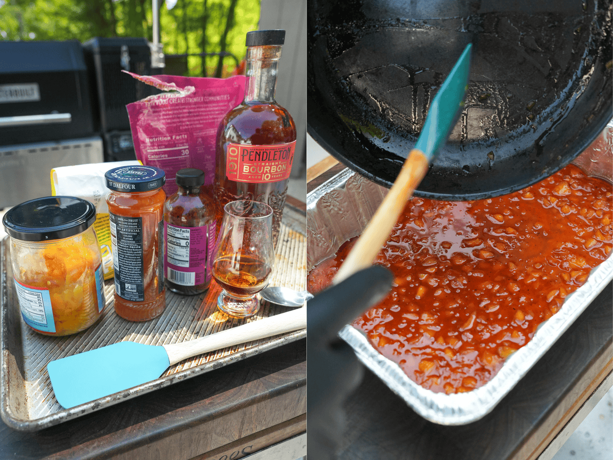 Ingredients for bourbon peach glaze, and Derek Wolf scraping the thickened glaze out of a cast iron skillet with a rubber spatula
