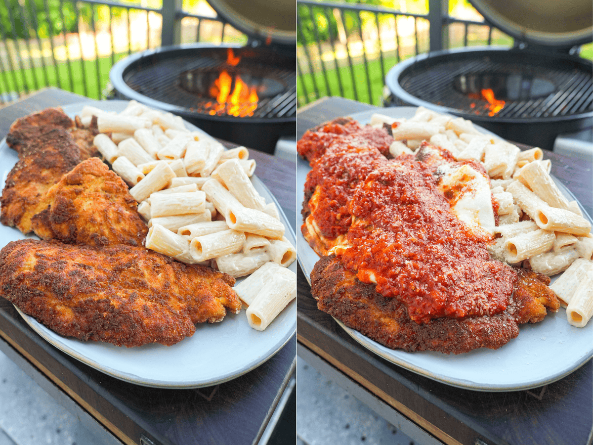 The plated Spicy Chicken Parm looks as good as it tastes smothered in a spicy marinara and parmesan cheese.