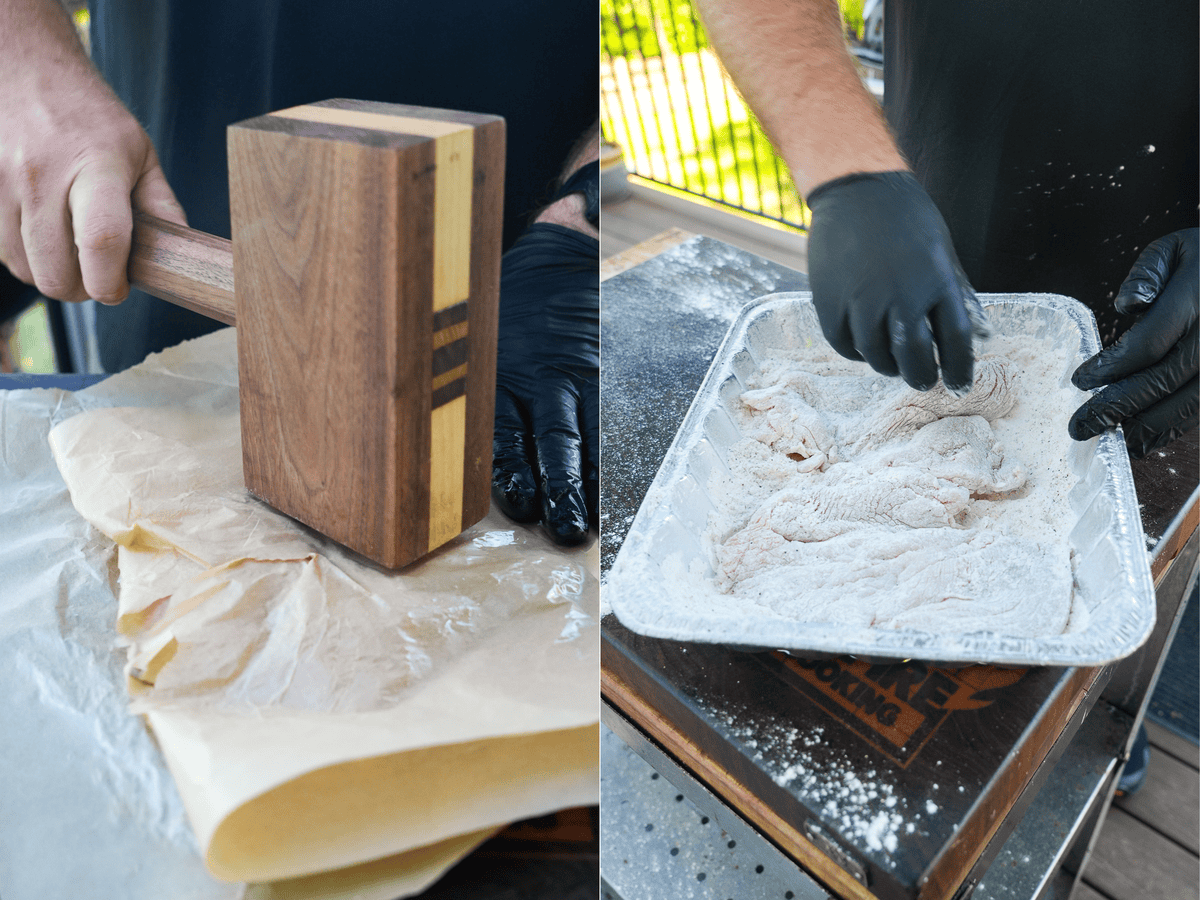 On the left, Derek pounds the meat. on the right he dredges it in flour.