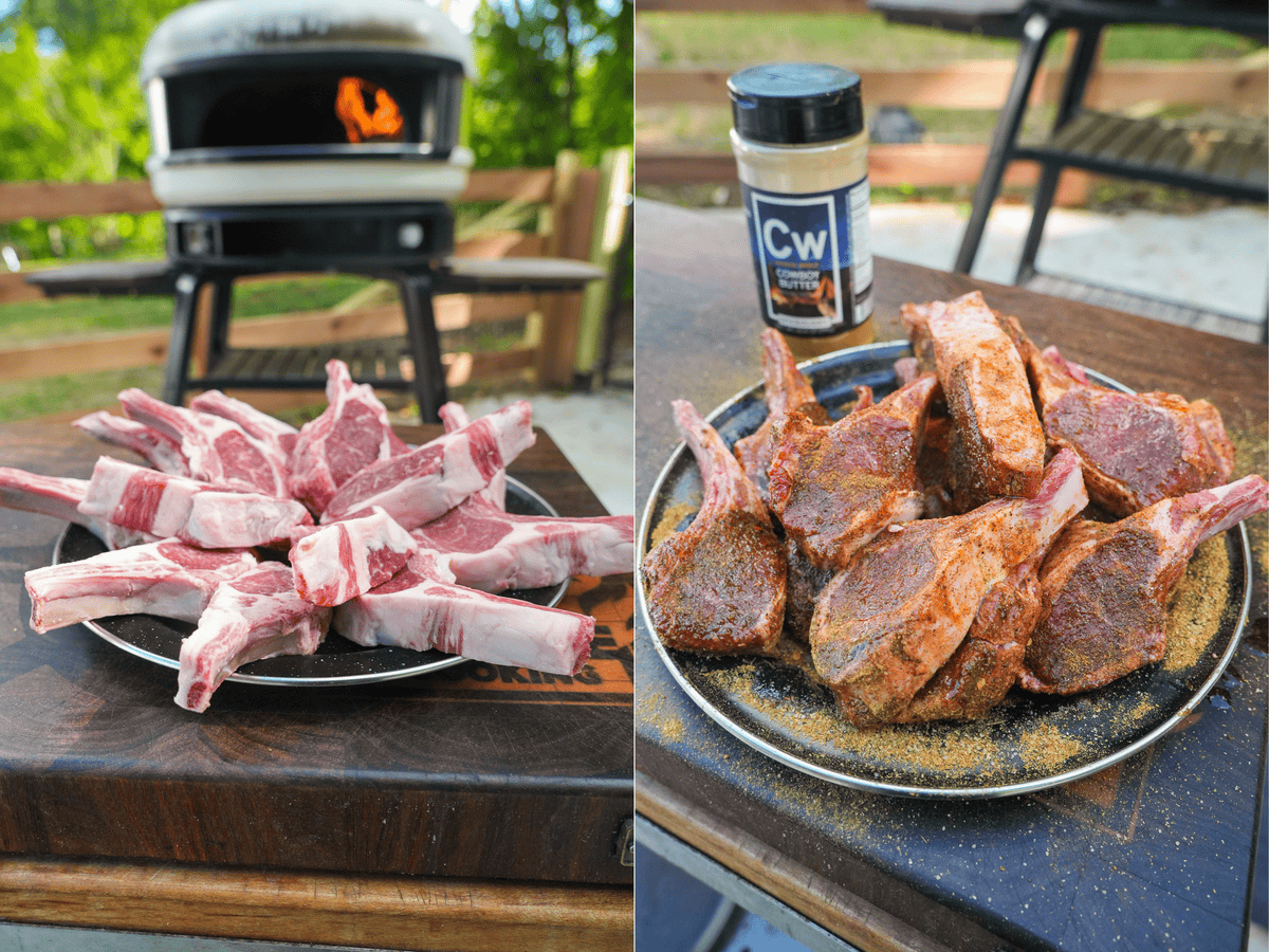 A plate of raw lamb chops with the pizza oven and fire in the background, then the chops on a plate seasoned with Derek Wolf's Cowboy Butter Seasoning