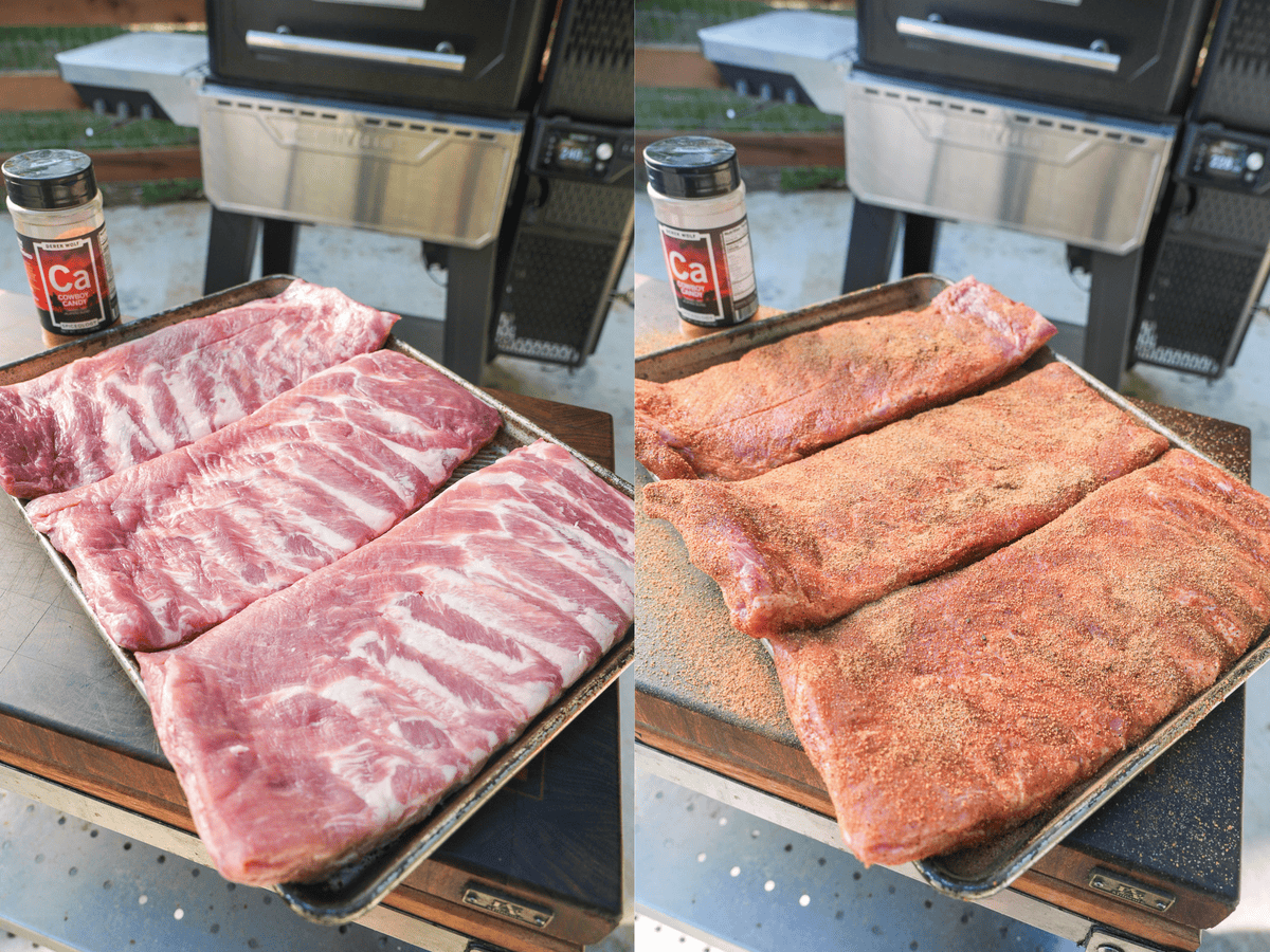 Three racks of raw spare ribs, then a photo of the same racks seasoned with Cowboy Candy Seasoning
