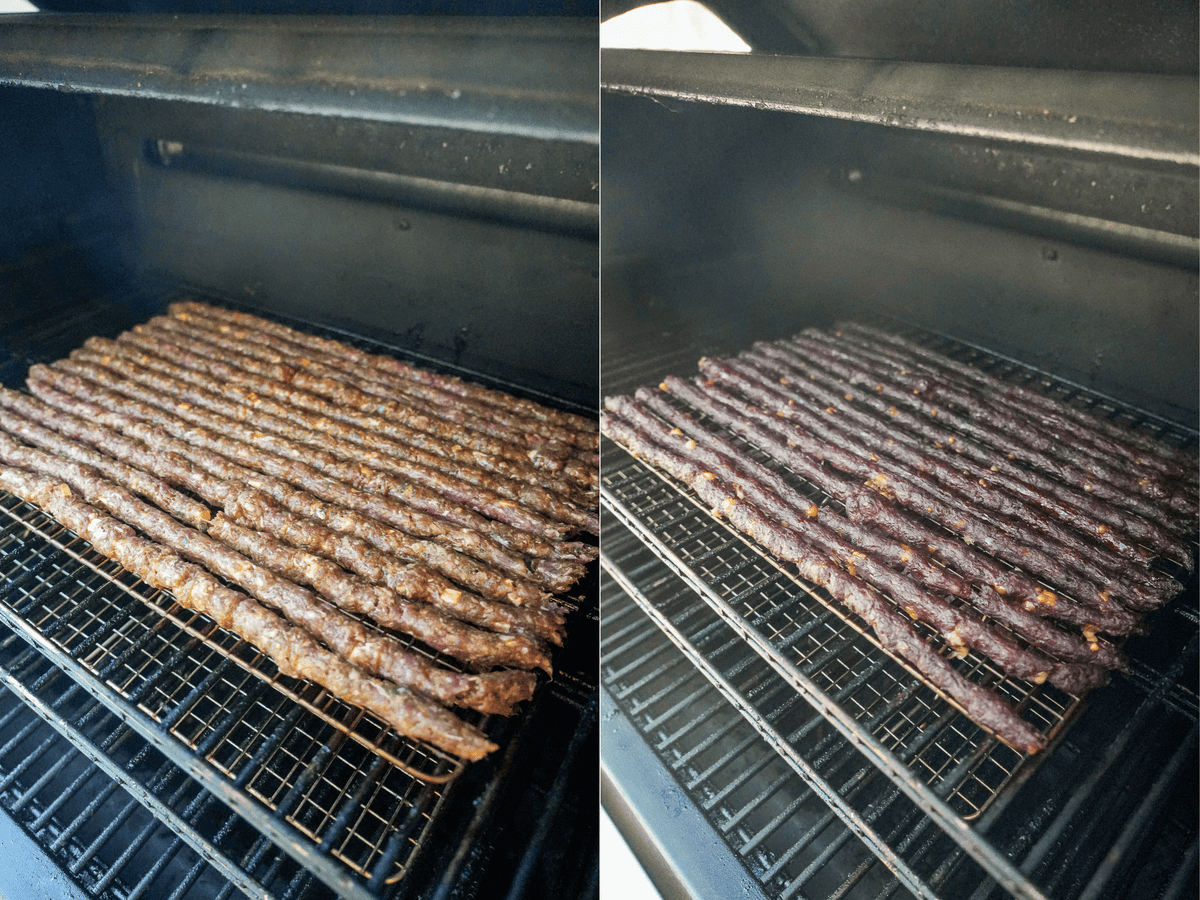 Process photos of raw and smoked beef sticks on the smoker