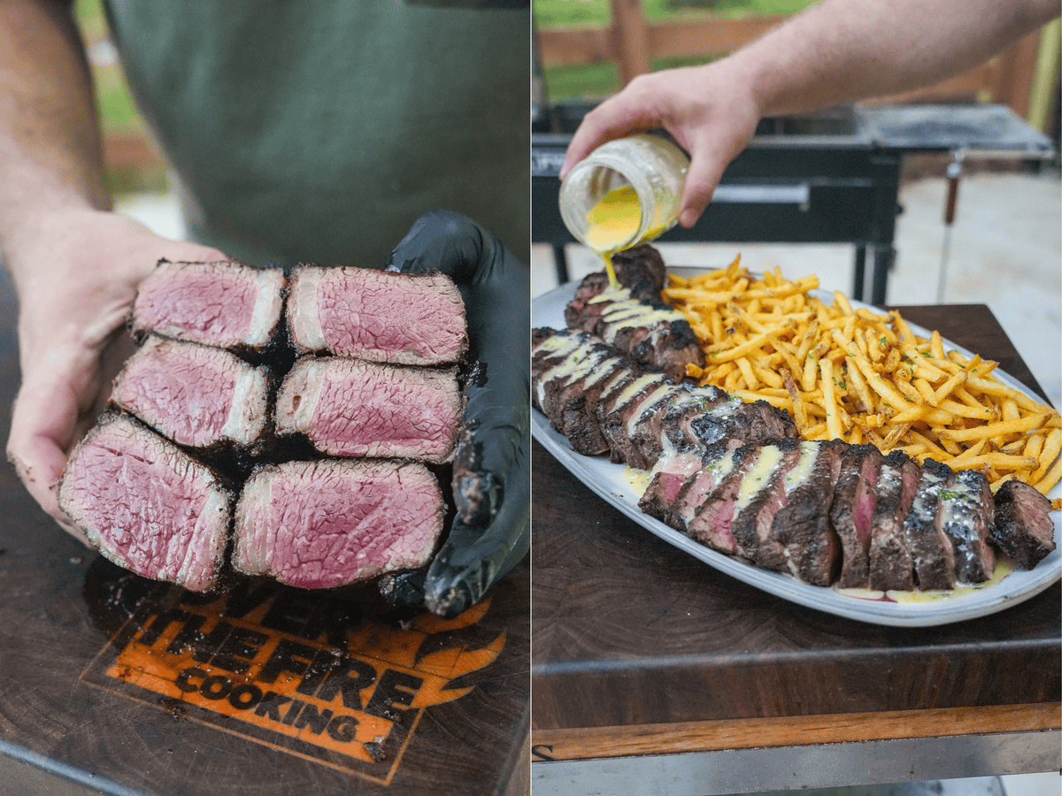 The steak and garlic fries are plated up and drizzled with more garlic butter sauce.