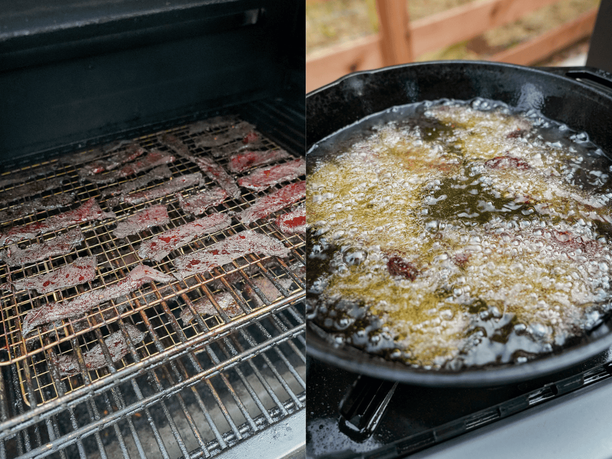 Slices of crispy brisket jerky on the smoker, then frying in oil in a cast iron skillet