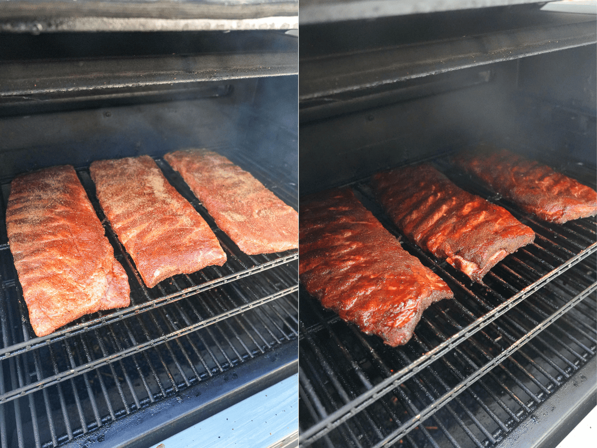 Bourbon peach ribs cooking on the smoker