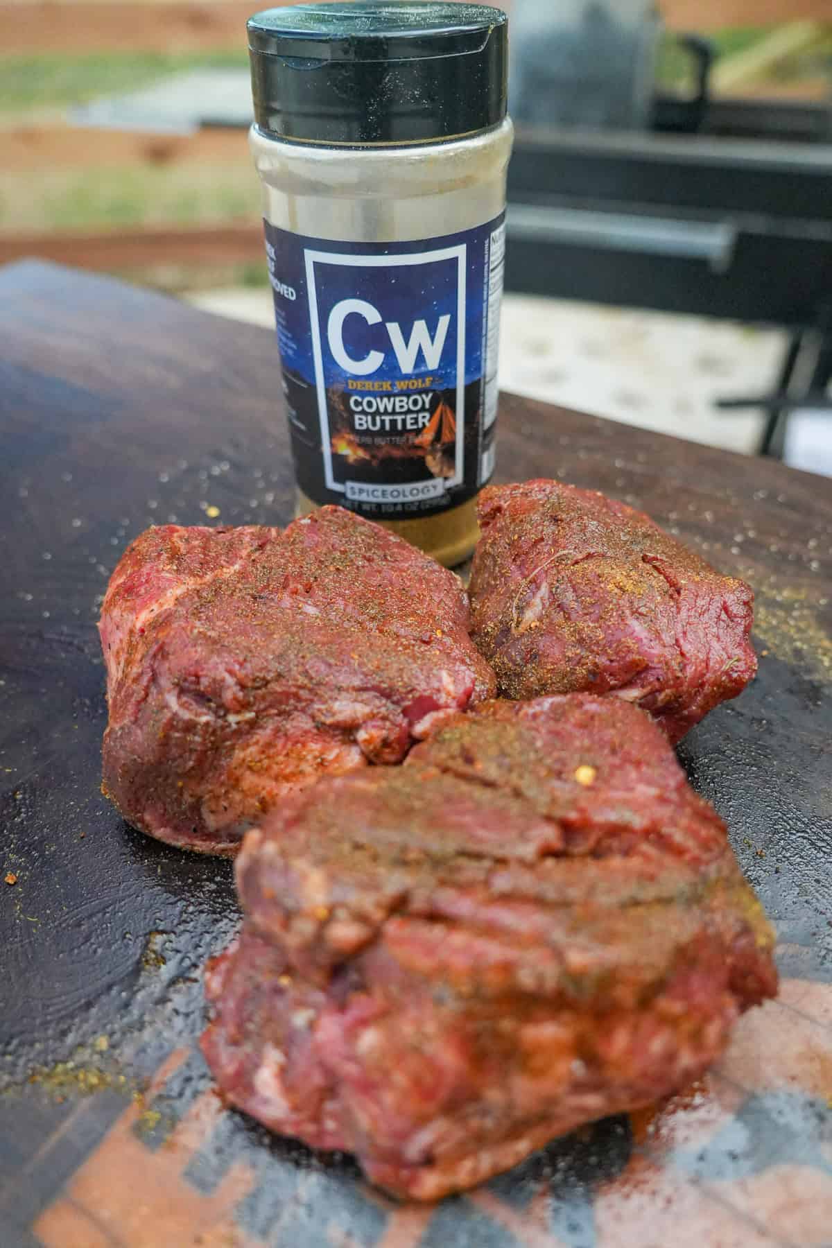 Favorite steaks are seasoned with Cowboy Butter, a seasoning created by Derek Wolf from Over the Fire Cooking.