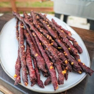 A plate of finished Texas Twinkie beef sticks