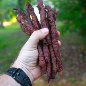 Holding a handful of finished Beef Sticks