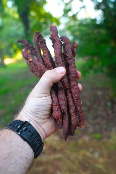 Holding a handful of finished Beef Sticks
