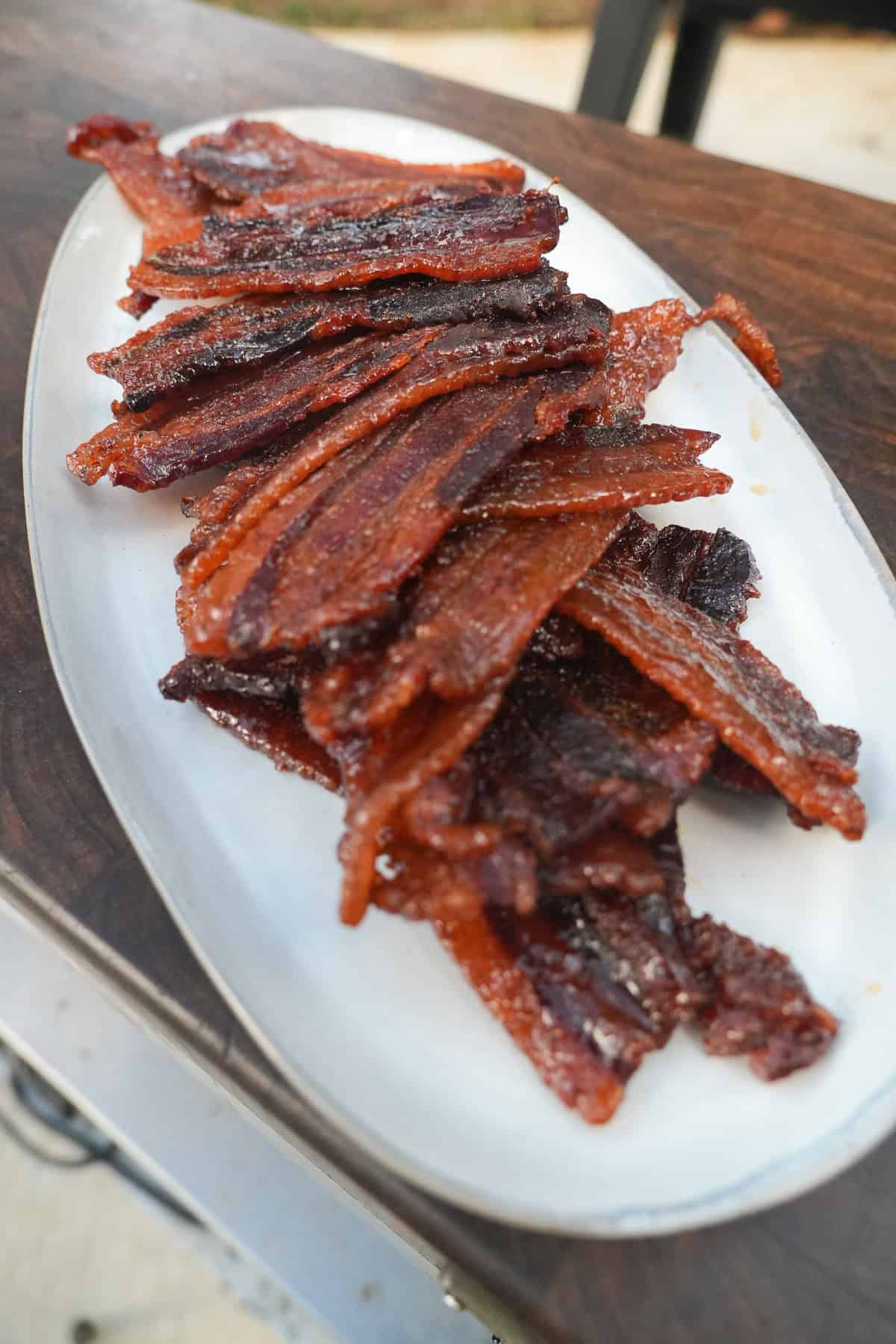 A plateful of smoked bacon jerky.