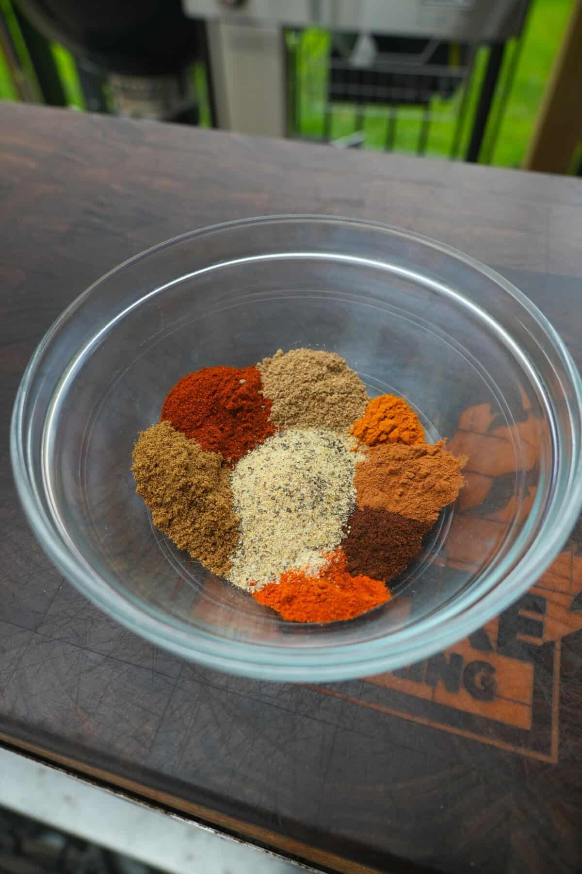 Seasonings for shawarma in a small glass bowl