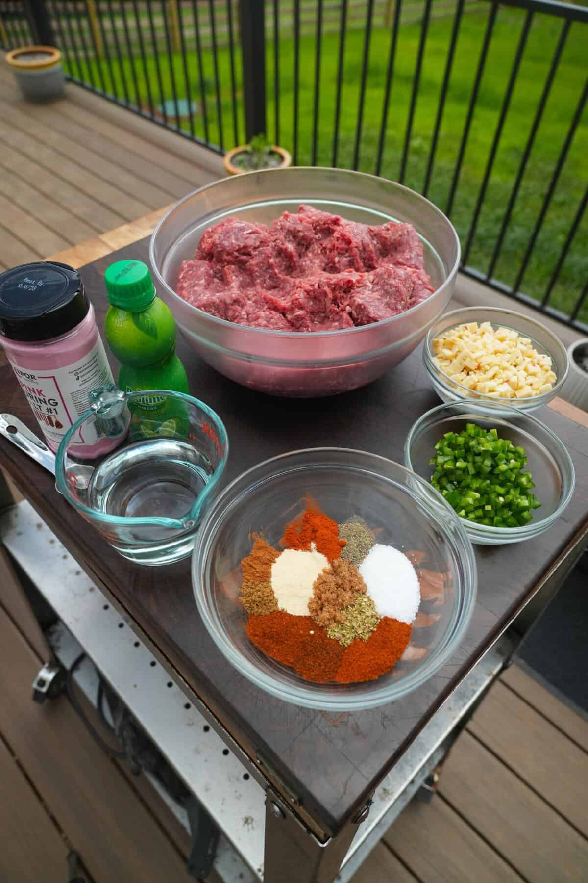 All the Ingredients for the Spicy Beef Sticks on a table.