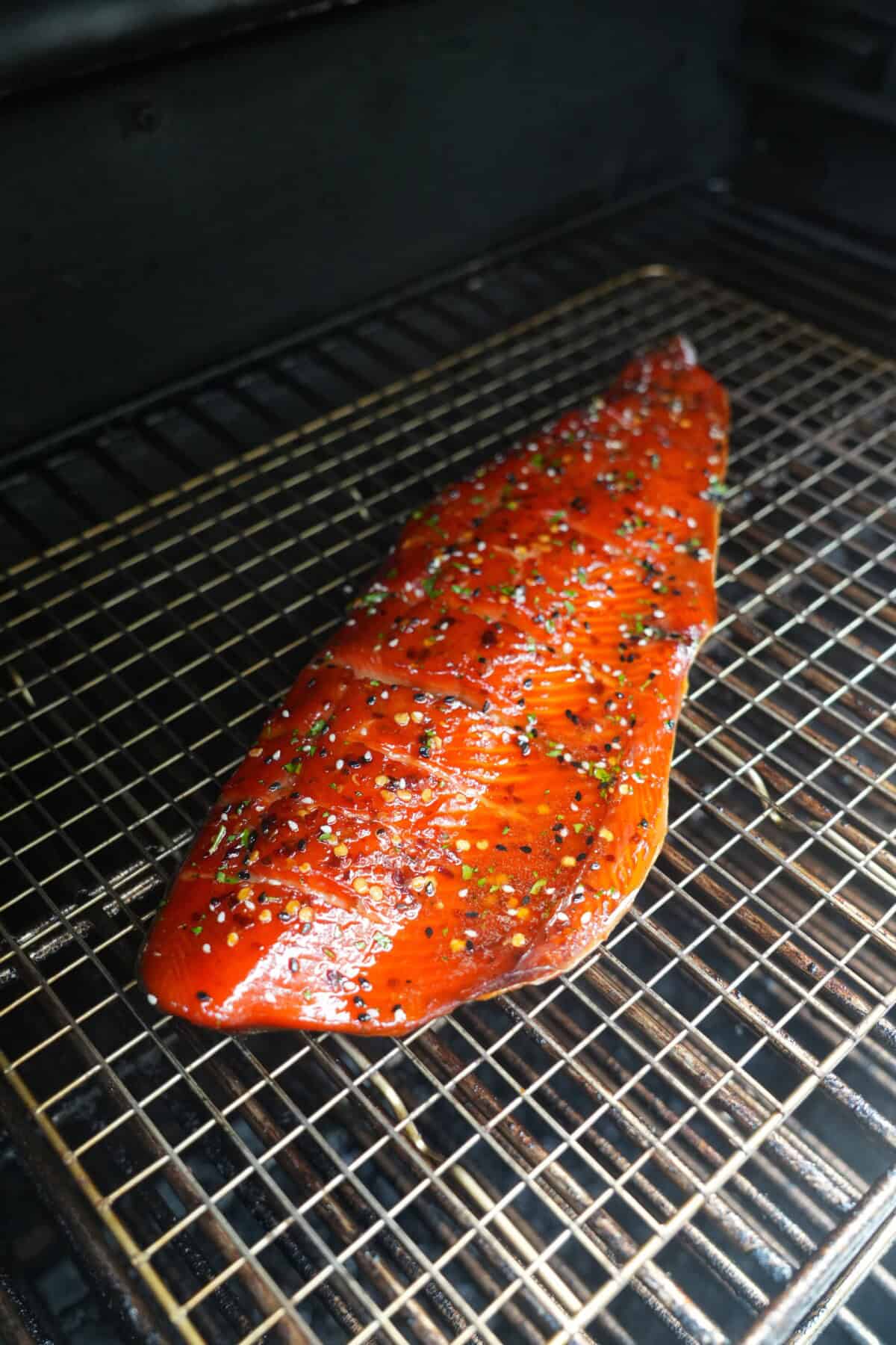 Close up of the Candied Salmon on the smoker, fully seasoned.