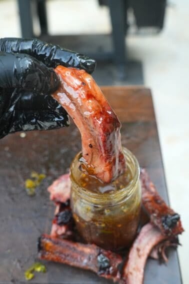 The honey jalapeno rib is dipped in the hot honey sauce.