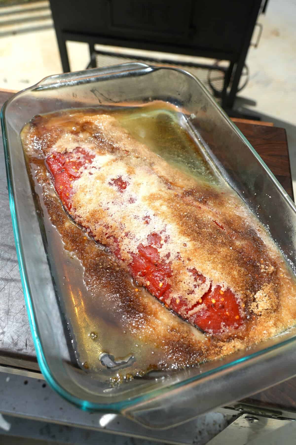 The salmon is cured in a sugar and salt mixture. It's a long process but totally worth it.