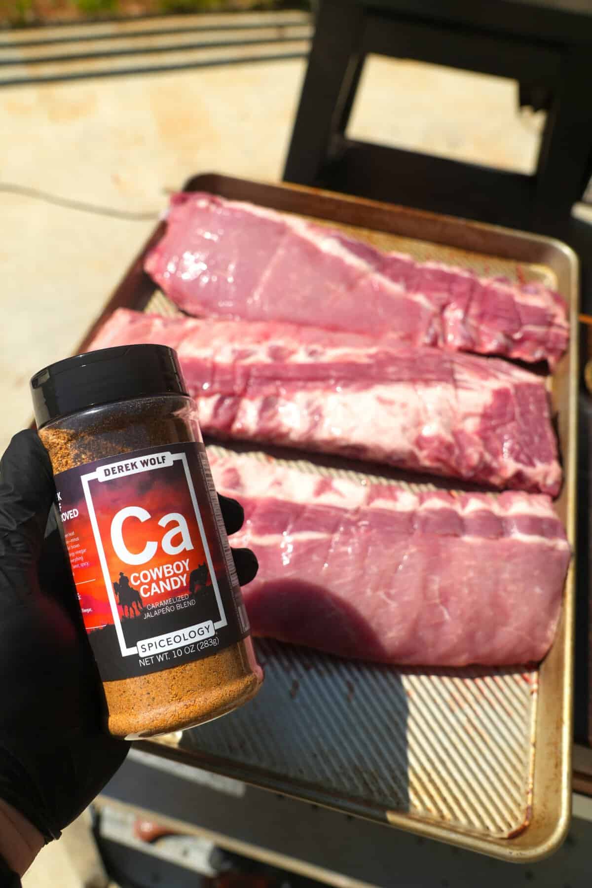 The ribs are prepped and seasoned with Cowboy Candy Rub.
