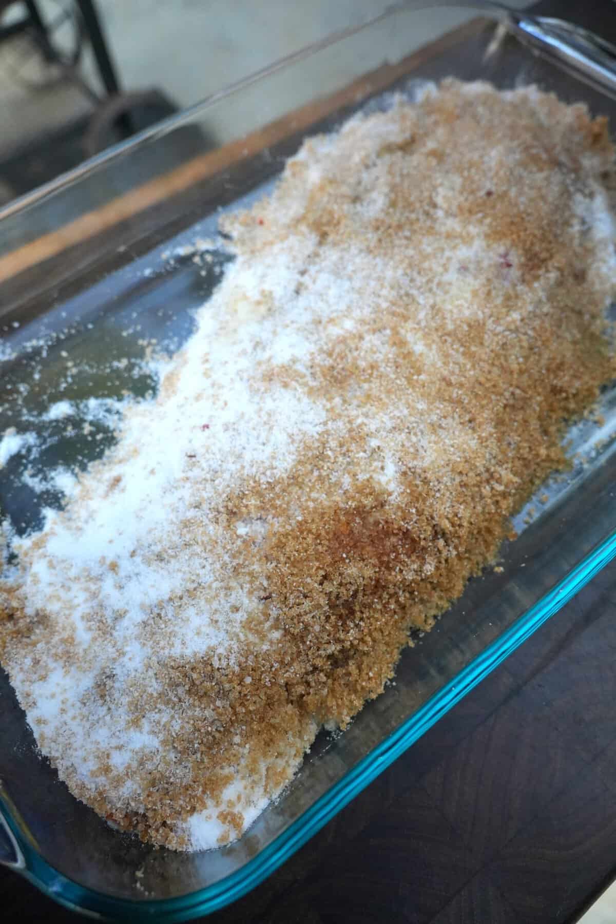 A close up of the salt and sugar cure that "cooks" the fish overnight.