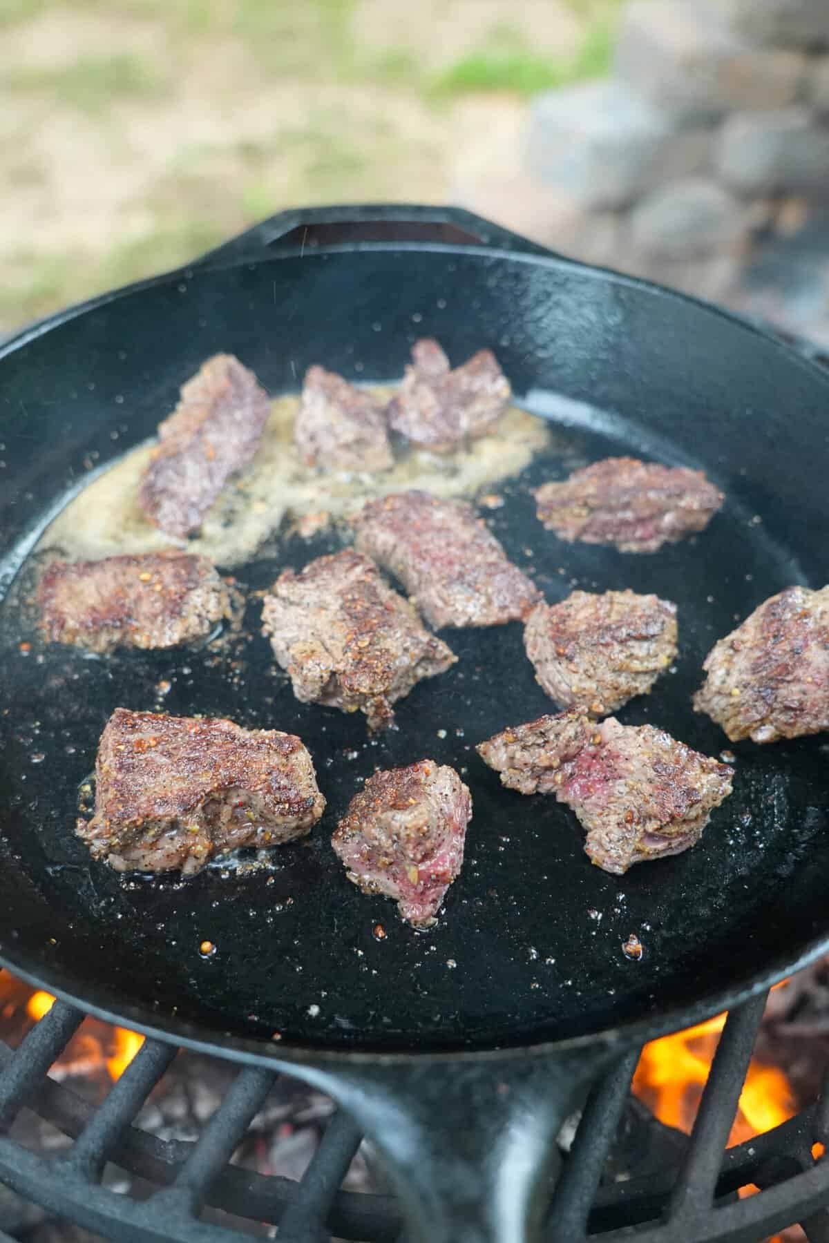 A nice crust is achieved on the flap steak using a cast iron skillet pan.