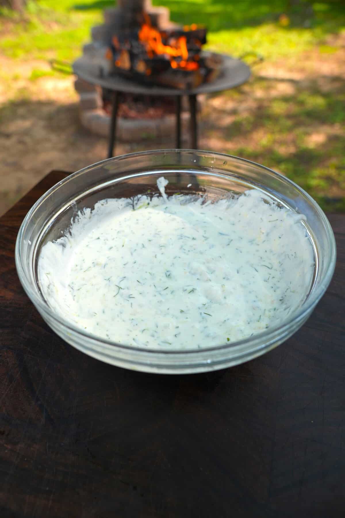 A bowl of creamy tzatziki sauce