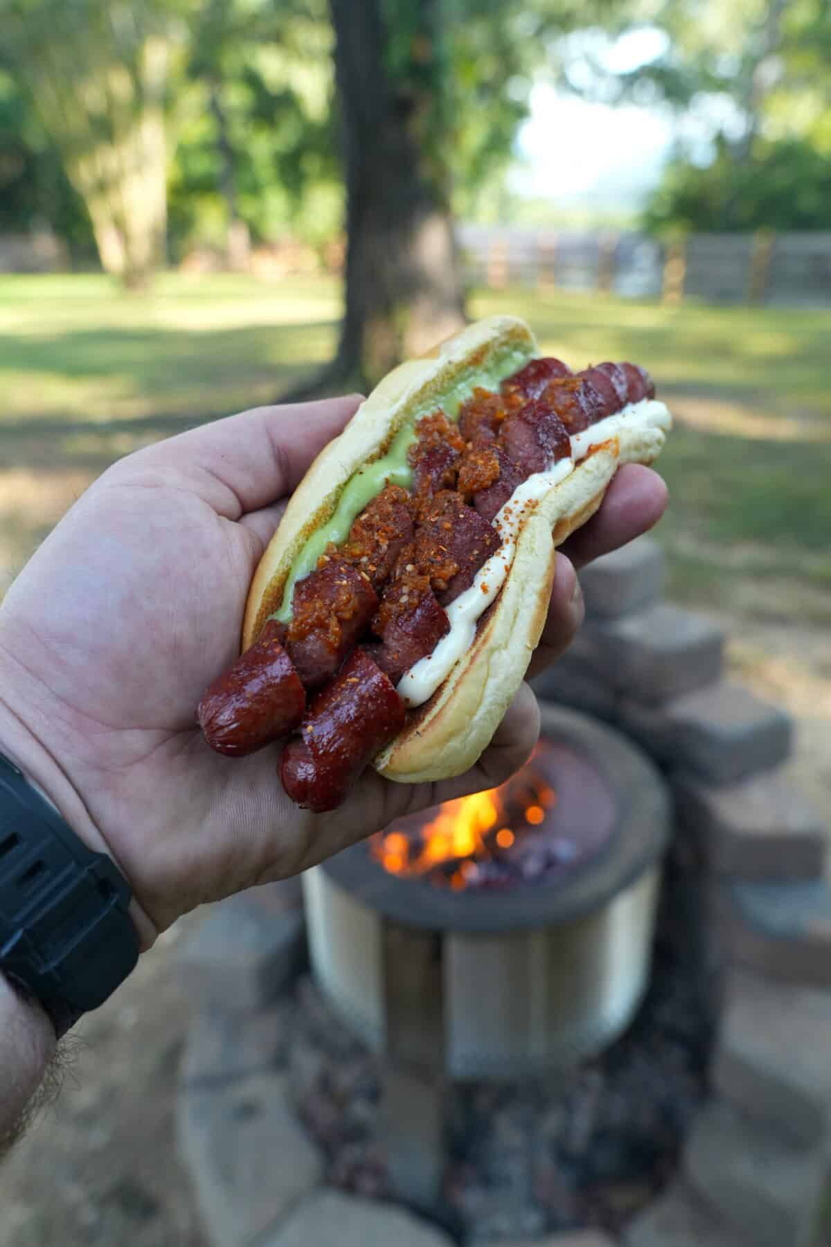 Derek Wolf holding a finished spiral hot dog in a bun with guacamole, mayonnaise, mustard and pico de gallo, with a fire pit and the woods in the background