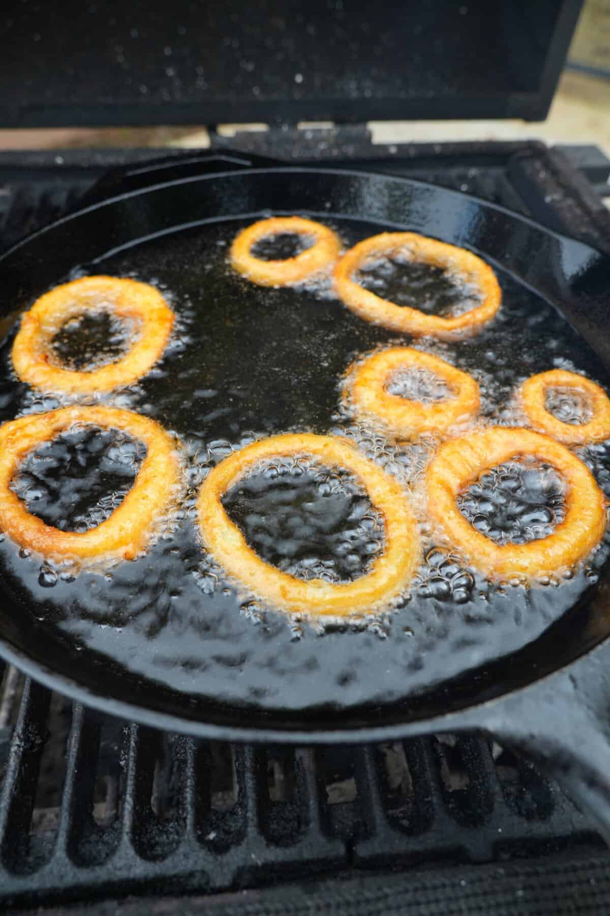 The onion rings are done and ready for the BBQ Burgers.