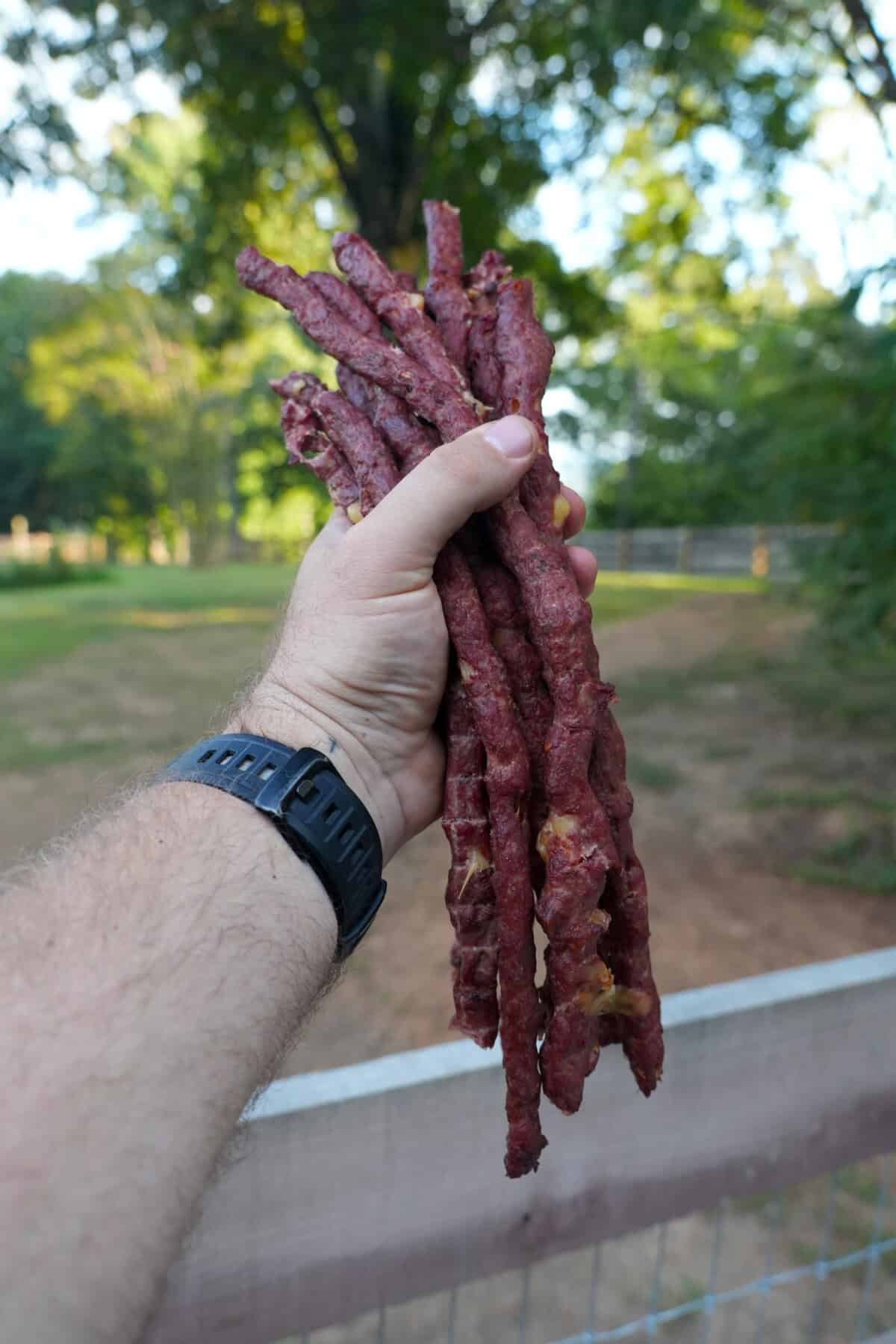 Derek Wolf holding up a handful of finished pizza beef sticks, with a fence and trees in the background