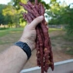 Derek Wolf holding up a handful of finished pizza beef sticks, with a fence and trees in the background