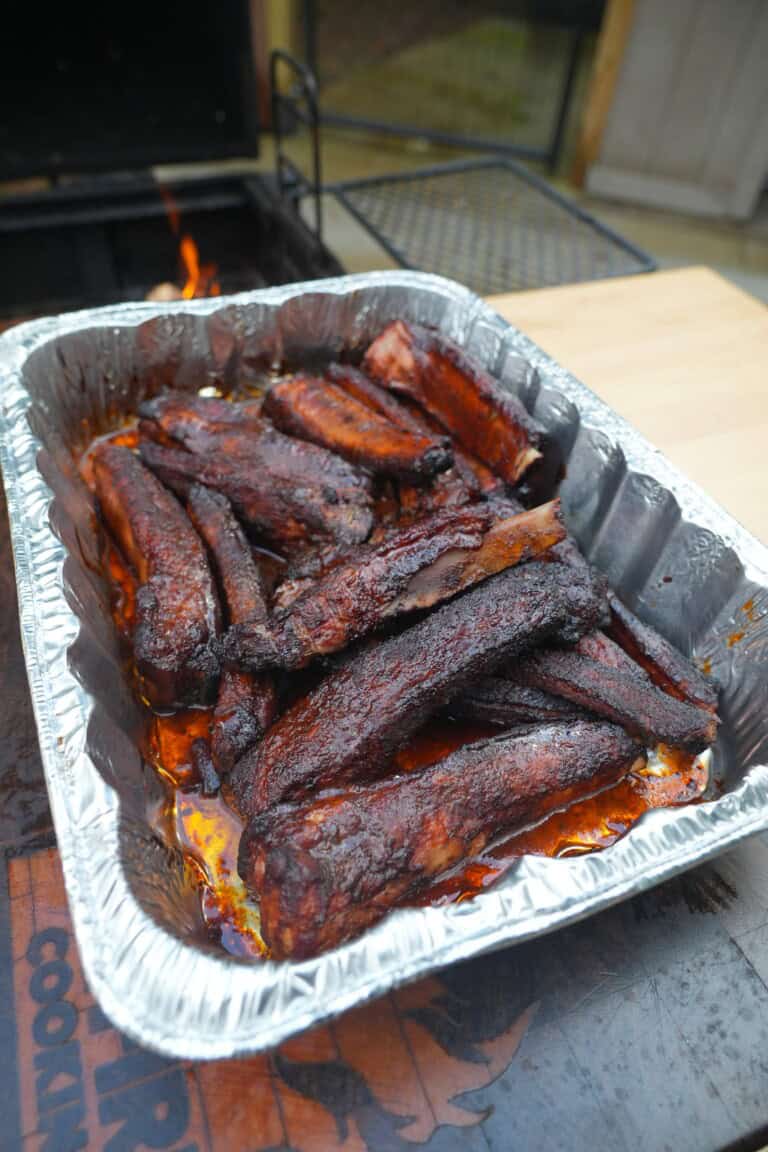 The ribs are done and covered in the tangy barbecue sauce packed with dill pickle flavor.